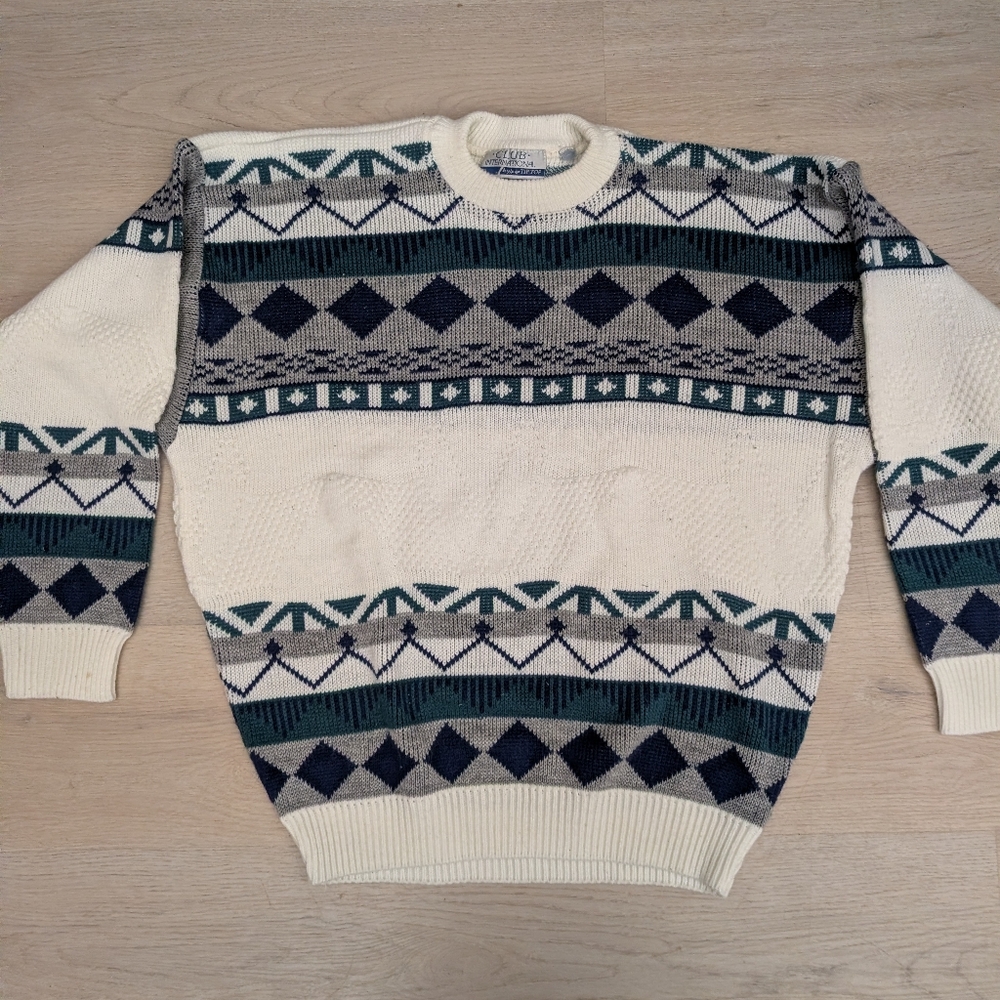 Vintage Geometric Sweater, Crew Neck Christmas Sweater, White And Blue